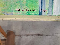 Acryl schilderij, maya wildevuur, vrouwen in kledendracht, 1990 - afbeelding 4 van  7