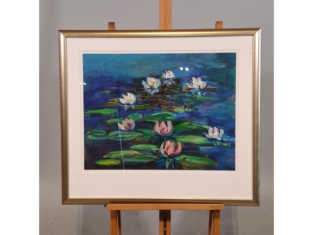 Acryl schilderij, maya wildevuur, waterlelies, 1998 - afbeelding 1 van  6