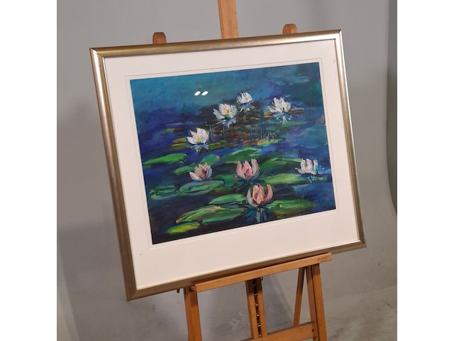 Acryl schilderij, maya wildevuur, waterlelies, 1998 - afbeelding 2 van  6