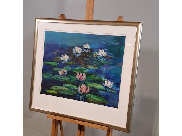 Acryl schilderij, maya wildevuur, waterlelies, 1998 - afbeelding 3 van  6