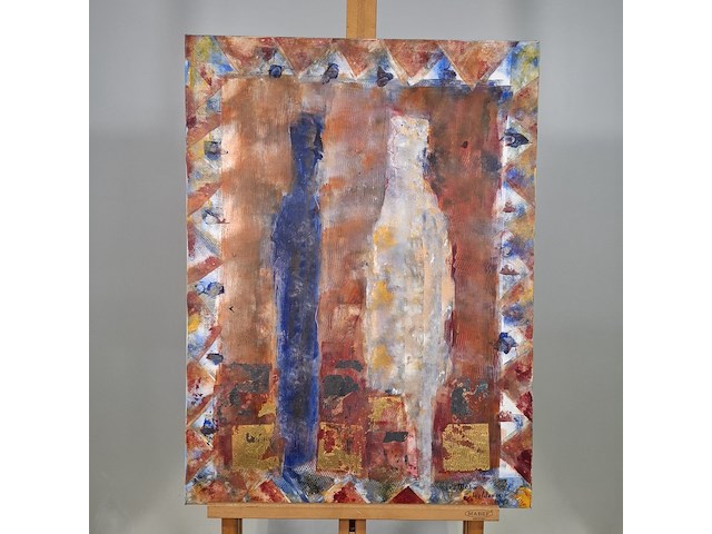 Acryl schilderij op doek, maya wildevuur, figuren, 1992 - afbeelding 3 van  7
