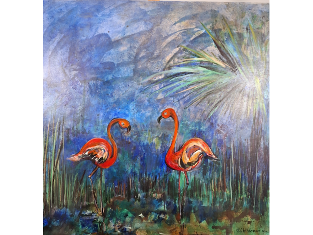 Acryl schilderij op doek, maya wildevuur, flamingo's, 1991 - afbeelding 1 van  8