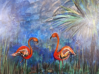 Acryl schilderij op doek, maya wildevuur, flamingo's, 1991 - afbeelding 1 van  8