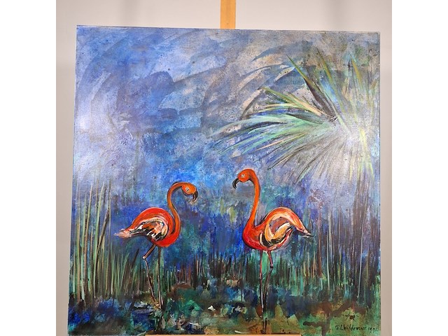 Acryl schilderij op doek, maya wildevuur, flamingo's, 1991 - afbeelding 2 van  8