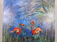 Acryl schilderij op doek, maya wildevuur, flamingo's, 1991 - afbeelding 2 van  8