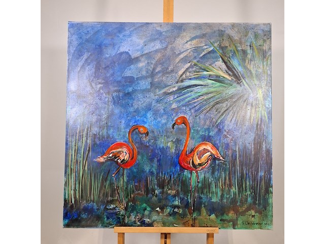 Acryl schilderij op doek, maya wildevuur, flamingo's, 1991 - afbeelding 3 van  8