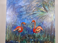 Acryl schilderij op doek, maya wildevuur, flamingo's, 1991 - afbeelding 3 van  8