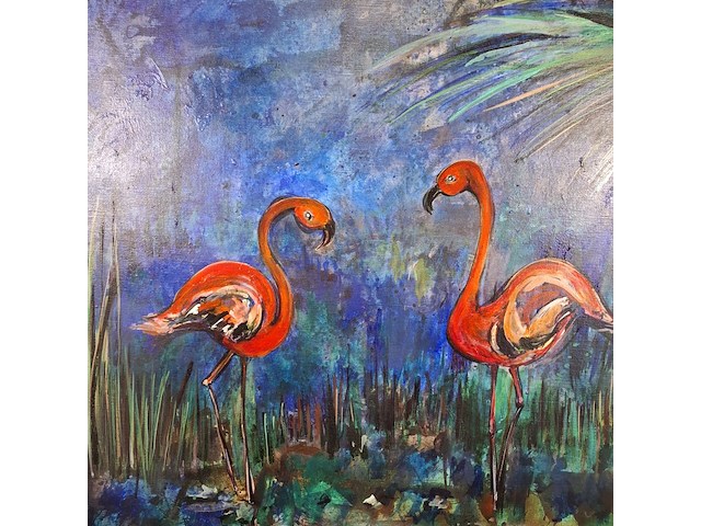 Acryl schilderij op doek, maya wildevuur, flamingo's, 1991 - afbeelding 4 van  8
