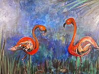 Acryl schilderij op doek, maya wildevuur, flamingo's, 1991 - afbeelding 4 van  8