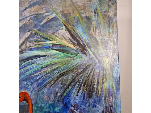 Acryl schilderij op doek, maya wildevuur, flamingo's, 1991 - afbeelding 5 van  8