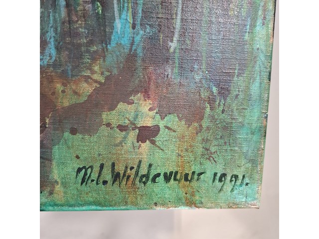 Acryl schilderij op doek, maya wildevuur, flamingo's, 1991 - afbeelding 6 van  8