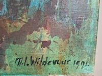 Acryl schilderij op doek, maya wildevuur, flamingo's, 1991 - afbeelding 6 van  8
