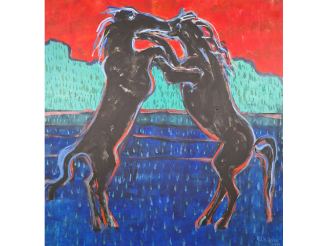 Acryl schilderij op doek, maya wildevuur, vechtende paarden, 1996 - afbeelding 1 van  8