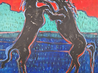 Acryl schilderij op doek, maya wildevuur, vechtende paarden, 1996 - afbeelding 1 van  8