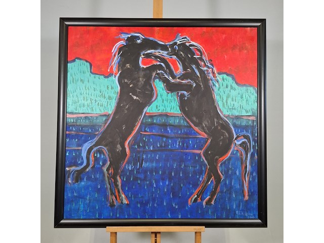 Acryl schilderij op doek, maya wildevuur, vechtende paarden, 1996 - afbeelding 3 van  8