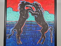 Acryl schilderij op doek, maya wildevuur, vechtende paarden, 1996 - afbeelding 3 van  8