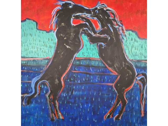 Acryl schilderij op doek, maya wildevuur, vechtende paarden, 1996 - afbeelding 4 van  8
