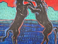 Acryl schilderij op doek, maya wildevuur, vechtende paarden, 1996 - afbeelding 4 van  8