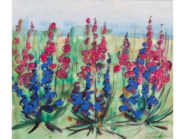 Acryl schilderij op paneel, maya wildevuur, bloemenveld, 1991 - afbeelding 1 van  8