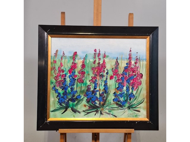 Acryl schilderij op paneel, maya wildevuur, bloemenveld, 1991 - afbeelding 2 van  8