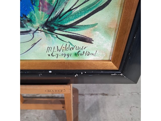 Acryl schilderij op paneel, maya wildevuur, bloemenveld, 1991 - afbeelding 3 van  8