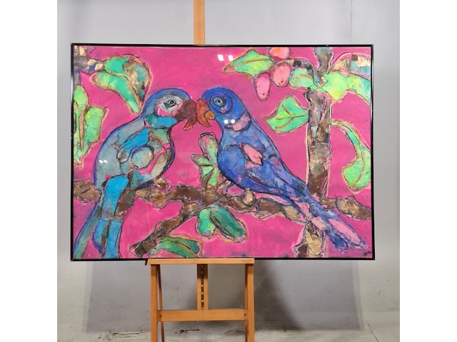 Acryl schilderij op papier, papagaaien - afbeelding 1 van  6