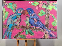 Acryl schilderij op papier, papagaaien