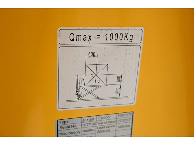 Acx10m 1000kg hand hydraulische hoogheffer palletwagen - afbeelding 4 van  5