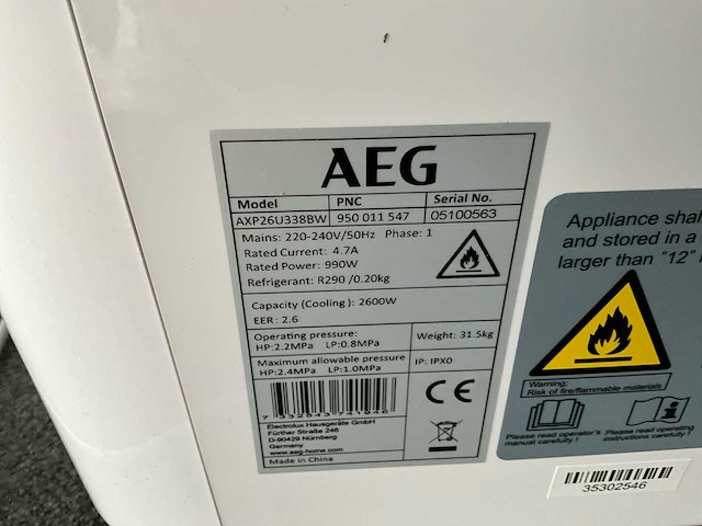 Aeg axp26u338bw draagbare airconditioner - afbeelding 5 van  5
