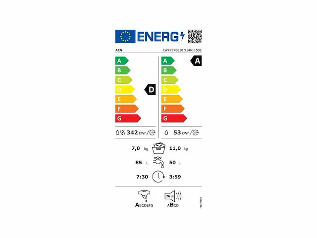 Aeg was-droogcombinatie lwr7e70610 11 kg energielabel d - afbeelding 1 van  6