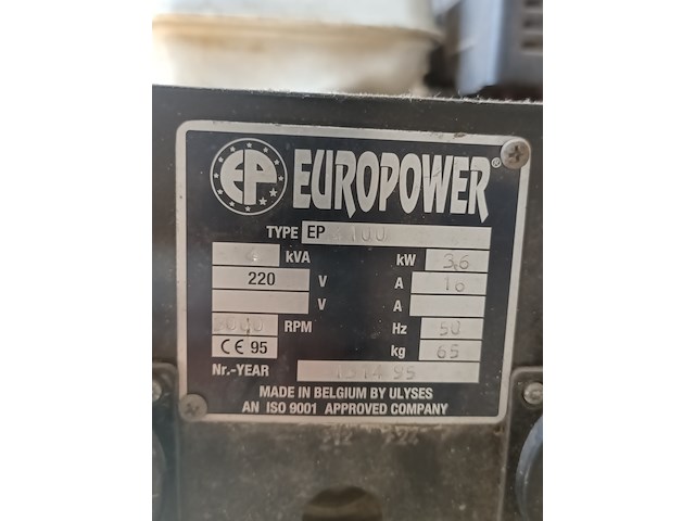Aggregaat, europower, ep4100 honda gx270 9.0hp motor, 1995 - afbeelding 2 van  10