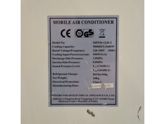Airconditioning 2,6kw 230v - a8, ningbo yogar, mfp26-1220, 2016 - afbeelding 9 van  9