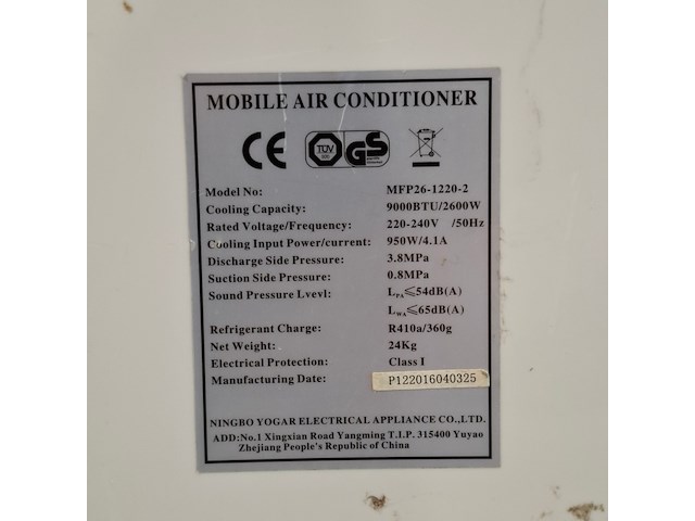 Airconditioning 2,6kw 230v - a8, ningbo yogar, mfp26-1220, 2016 - afbeelding 8 van  8