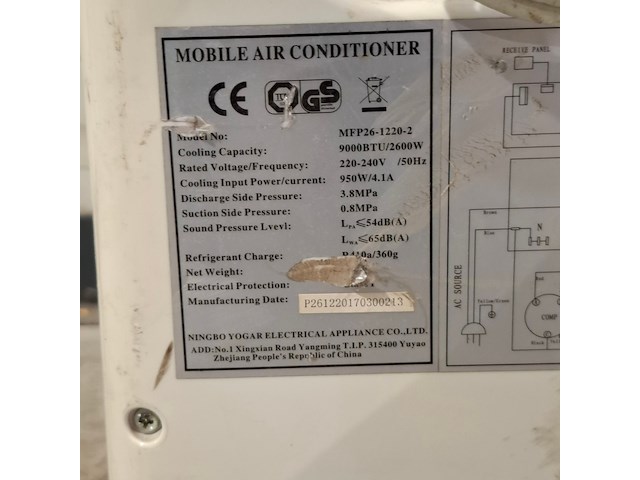 Airconditioning 2,6kw 230v - a8, ningbo yogar, mfp26-1220, 2017 - afbeelding 8 van  9