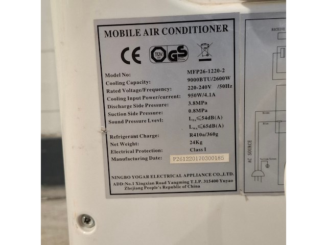Airconditioning 2,6kw 230v - a8, ningbo yogar, mfp26-1220, 2017 - afbeelding 10 van  10