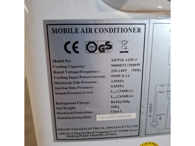 Airconditioning 2,6kw 230v - a8 ningbo yogar, mfp26-1220, bouwjaar 2017 - afbeelding 3 van  5