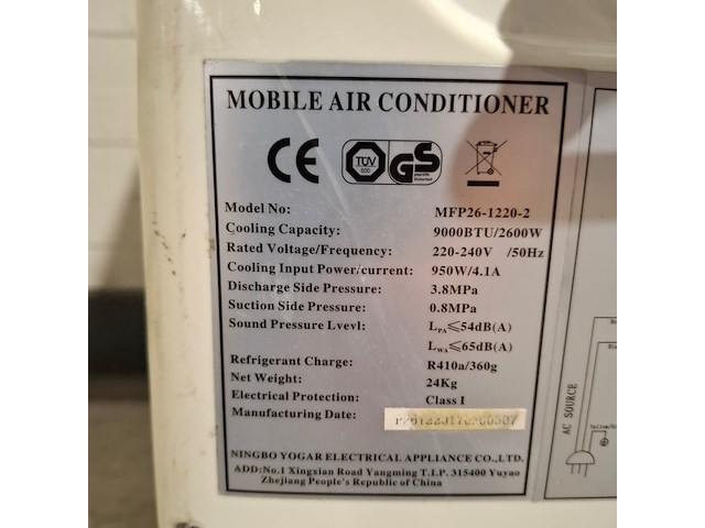 Airconditioning 2,6kw 230v - a8 ningbo yogar, mfp26-1220, bouwjaar 2017 - afbeelding 4 van  5