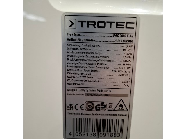 Airconditioning 2,6kw 230v - a8 trotec, pac 3000 x a+, bouwjaar 2024 - afbeelding 4 van  4