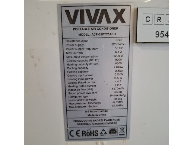 Airconditioning 2,6kw 230v - a8 vivax, acp-09pt25aeh, bouwjaar 2018 - afbeelding 2 van  6