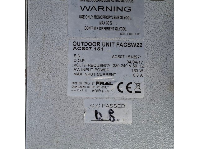 Airconditioning 7kw 230v, fral, facsw22, 2014, watergekoeld met buitenunit - afbeelding 3 van  12