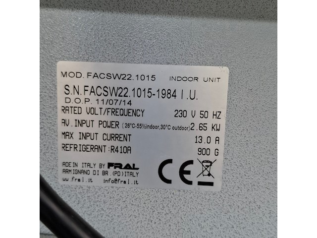 Airconditioning 7kw 230v, fral, facsw22, 2014, watergekoeld met buitenunit - afbeelding 9 van  12