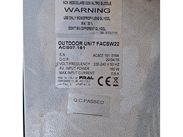 Airconditioning 7kw 230v fral, facsw22, bouwjaar 2014, watergekoeld met buitenunit - afbeelding 11 van  11