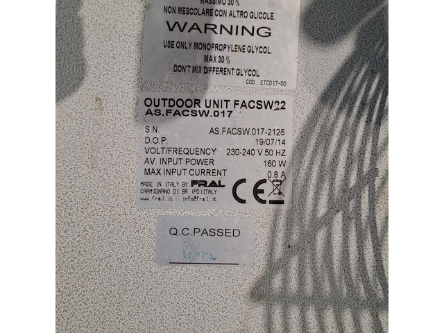 Airconditioning 7kw 230v fral, facsw22, bouwjaar 2014, watergekoeld met buitenunit - afbeelding 2 van  13