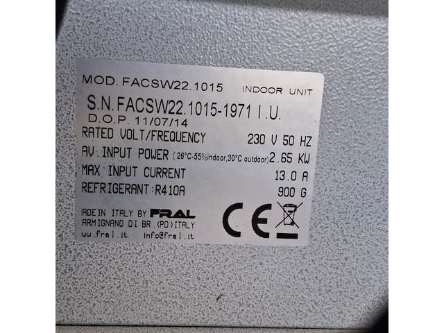 Airconditioning 7kw 230v fral, facsw22, bouwjaar 2014, watergekoeld met buitenunit - afbeelding 4 van  13