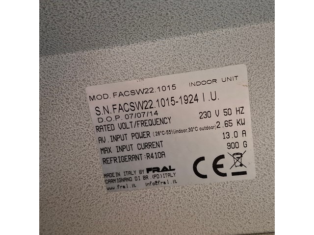 Airconditioning 7kw 230v fral, facsw22, bouwjaar 2014, watergekoeld met buitenunit - afbeelding 8 van  16