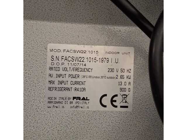 Airconditioning 7kw 230v fral, facsw22, bouwjaar 2014, watergekoeld met buitenunit - afbeelding 9 van  12