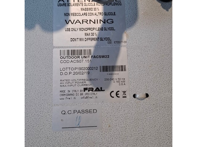 Airconditioning 7kw 230v fral, facsw22, bouwjaar 2017, watergekoeld met buitenunit - afbeelding 2 van  12