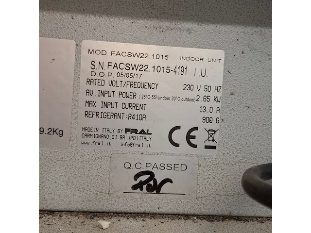 Airconditioning 7kw 230v fral, facsw22, bouwjaar 2017, watergekoeld met buitenunit - afbeelding 4 van  12