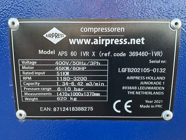 Airpress - 2021 - aps 60 ivr x - schroefcompressor/luchtdroger - afbeelding 5 van  14