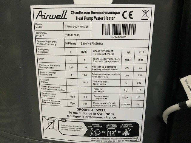 Airwell - tfha-300h-04m25 - r290 - warmtepompboilers - afbeelding 14 van  16